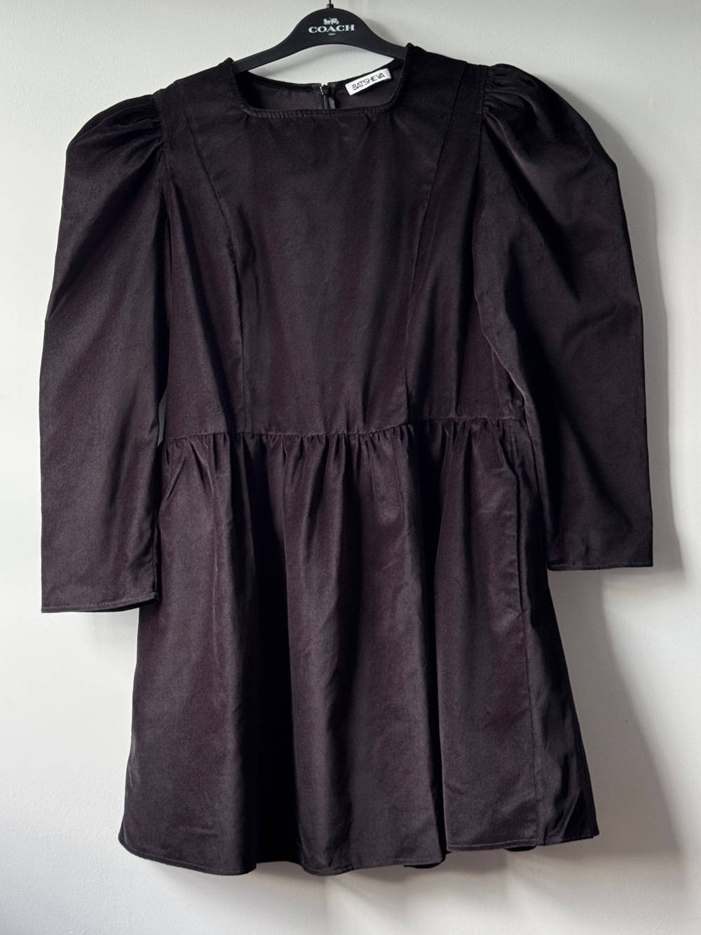 ⁠Batsheva Black 100% Cotton Velvet Square Neck Puff Sleeve Mini Dress Sz 16